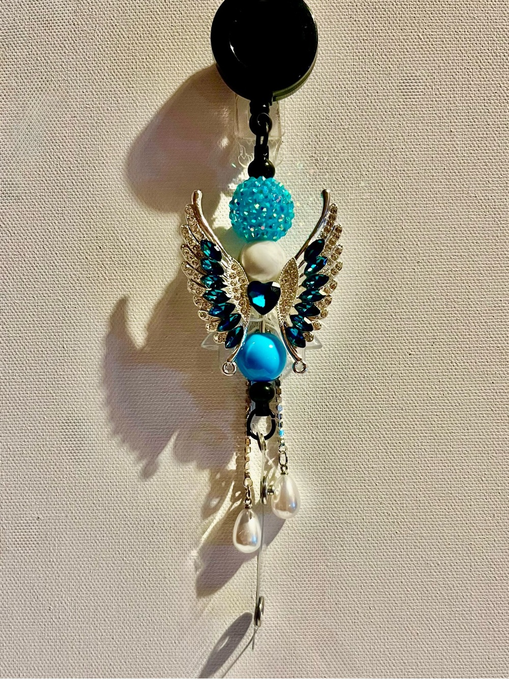 Turquoise & White Crystal Angel Wing Badge Reel w/Sky Blue Silicone & Pavé Bead